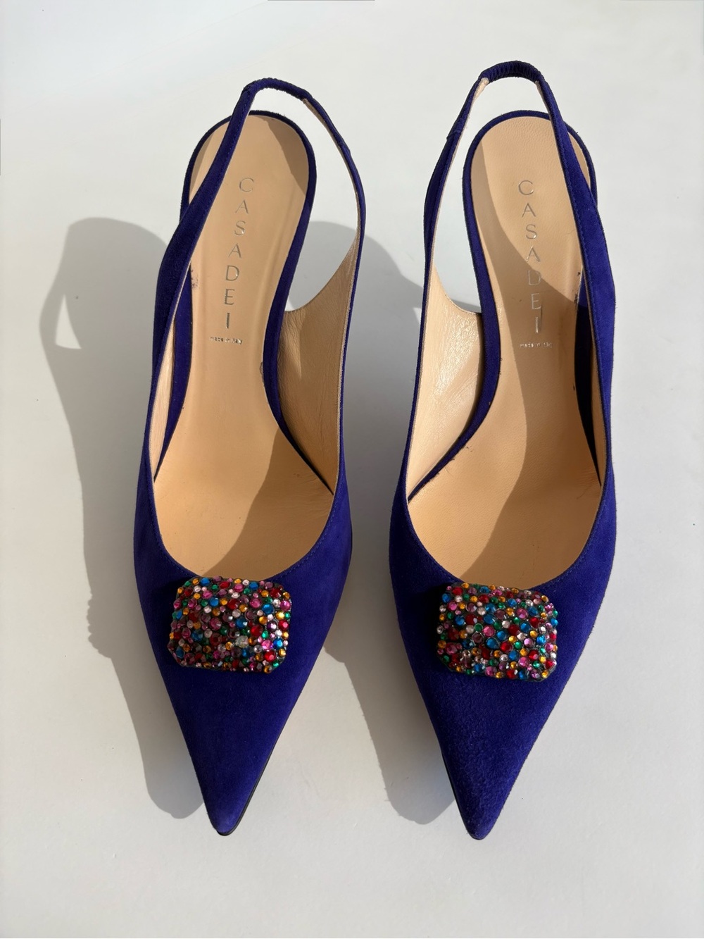 Casadei Purple Suede Slingbacks w Multicolored Crystals Size 10 Rich Mom